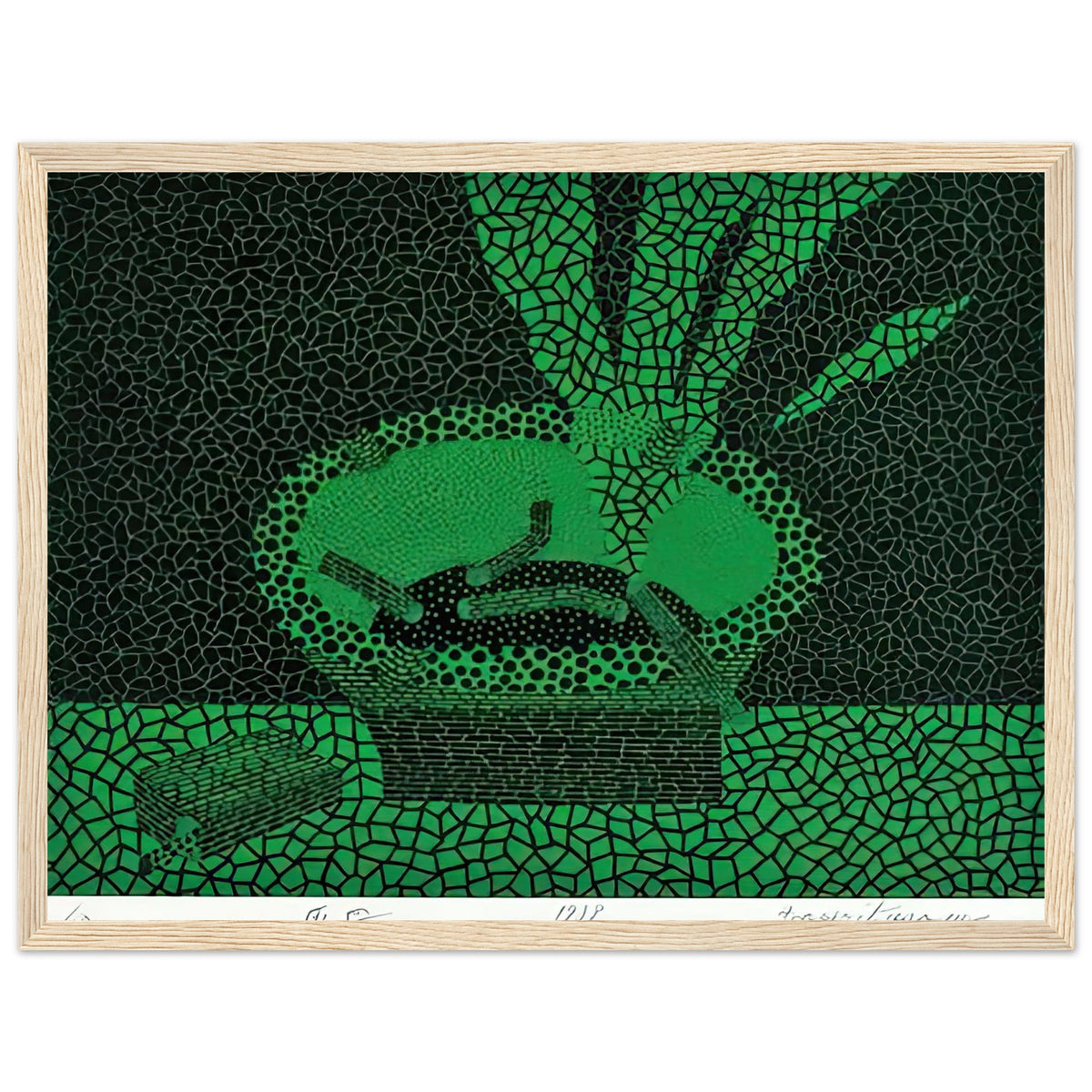 Yayoi Kusama framed print — The familiar outline of an ashtray becomes unexpectedly compelling in this early Kusama still-life subject, wood frame, 30x40 cm / 12x16″