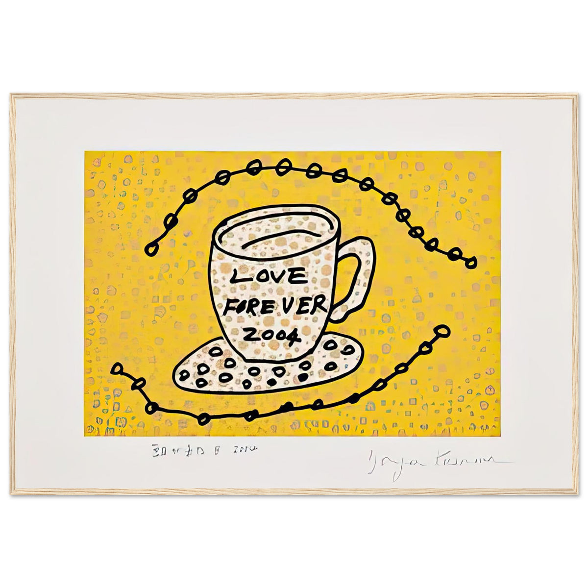 Yayoi Kusama framed print — Morning Is Here (B) joins a series of compact 2004 prints in which the beginning of the day becomes a subject for personal symbols and tightly controlled graphic, wood frame, 70x100 cm / 28x40″