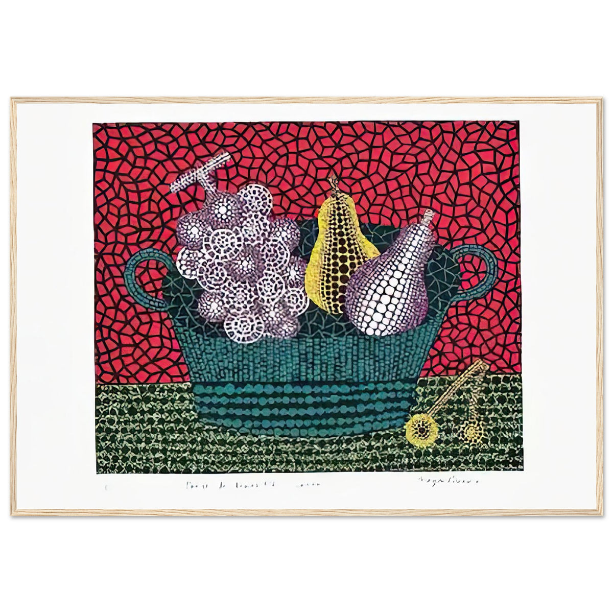 Yayoi Kusama framed print — Panier de Fruits I from Amour pour Toujours turns a basket of fruit into a lively decorative still life, wood frame, 70x100 cm / 28x40″