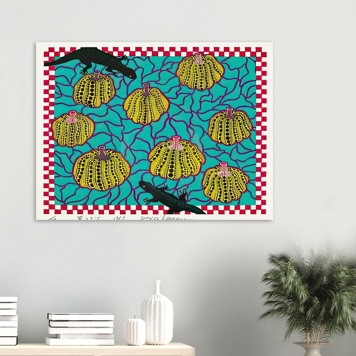 Yayoi Kusama poster — Black Lizards introduces a less familiar animal motif into Kusama’s vocabulary of living creatures and repeating patterns