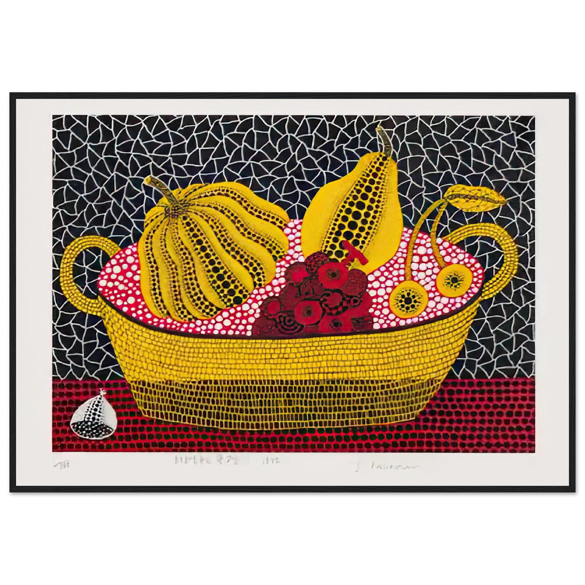 Yayoi Kusama framed print — Pumpkin and Fruits brings a dotted pumpkin into a richly populated still life rather than isolating the gourd on its own, black frame, 70x100 cm / 28x40″