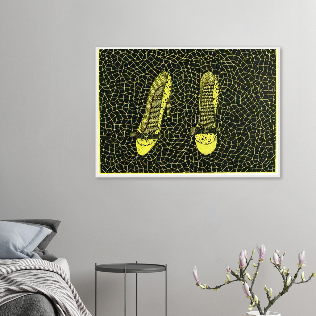 Yayoi Kusama framed print — Shoes (3) turns a footwear object into an image about shape, balance and individuality