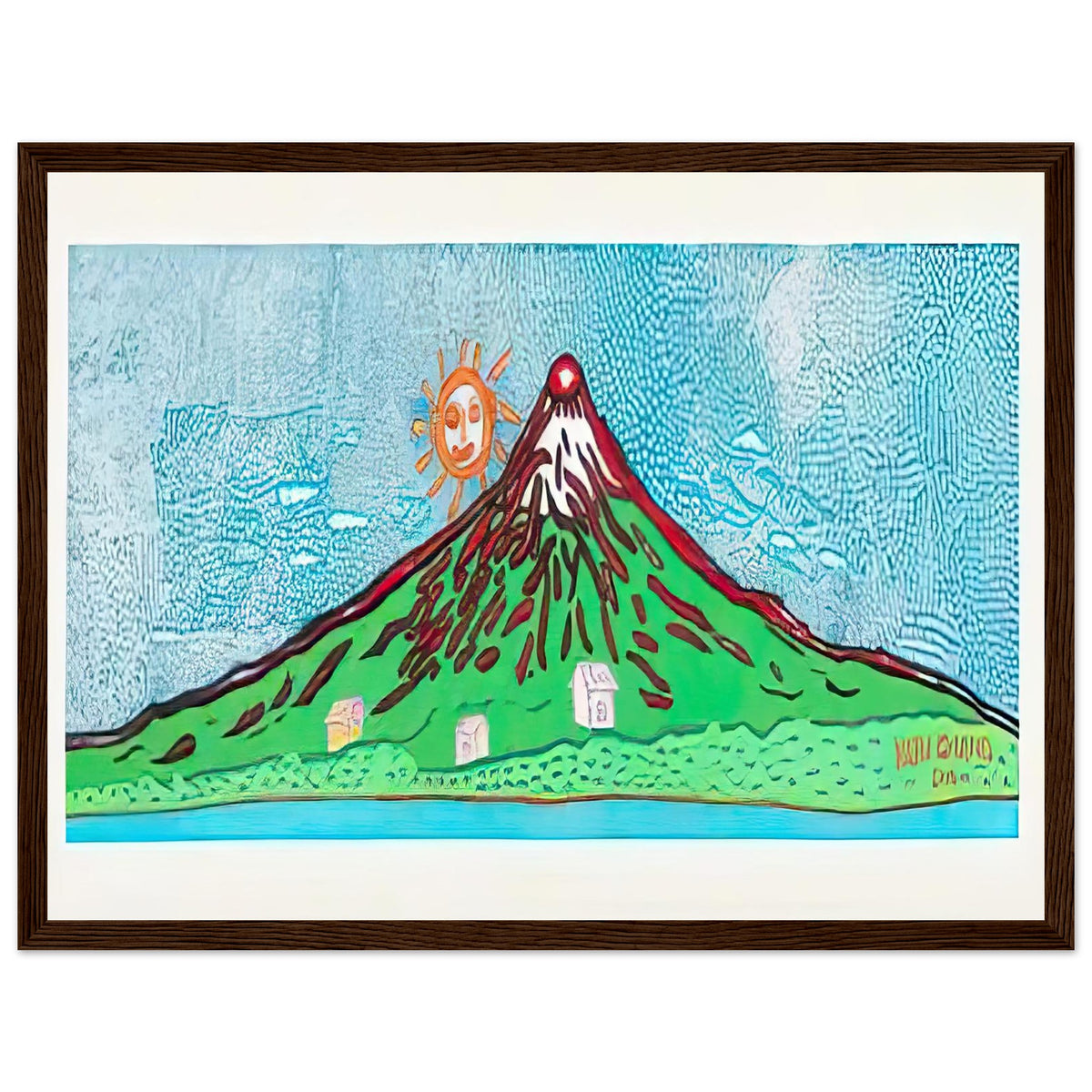 Yayoi Kusama framed print — Mt. Fuji in Seven Colours: All About Mt. Fuji That I Have Loved My Whole Life is, dark wood frame, 30x40 cm / 12x16″