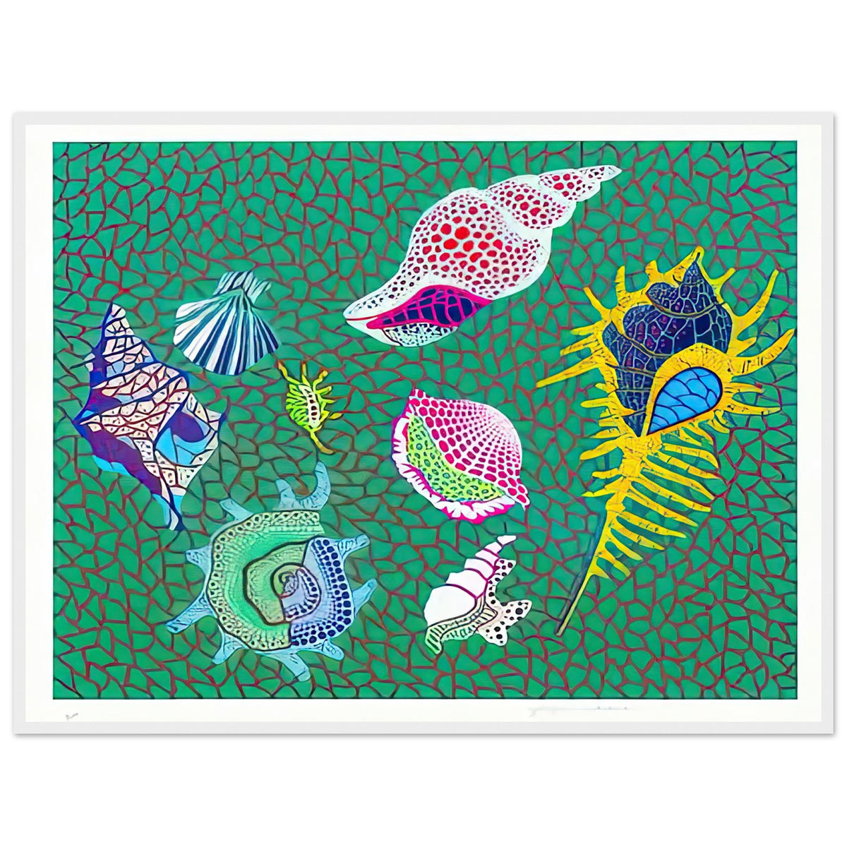 Yayoi Kusama framed print — Shells draws attention to small natural objects whose curved structures and repeating ridges are already pattern-like, white frame, 60x80 cm / 24x32″