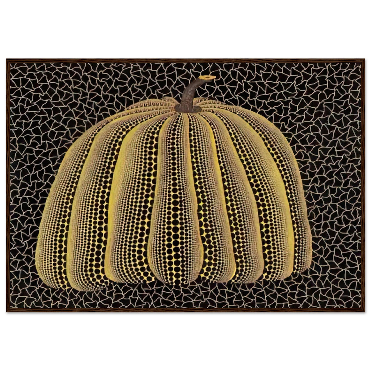 Yayoi Kusama framed print — Pumpkin (Yellow Y) [Kusama 148] presents Kusama’s familiar pumpkin through an explicitly yellow variation, dark wood frame, 70x100 cm / 28x40″