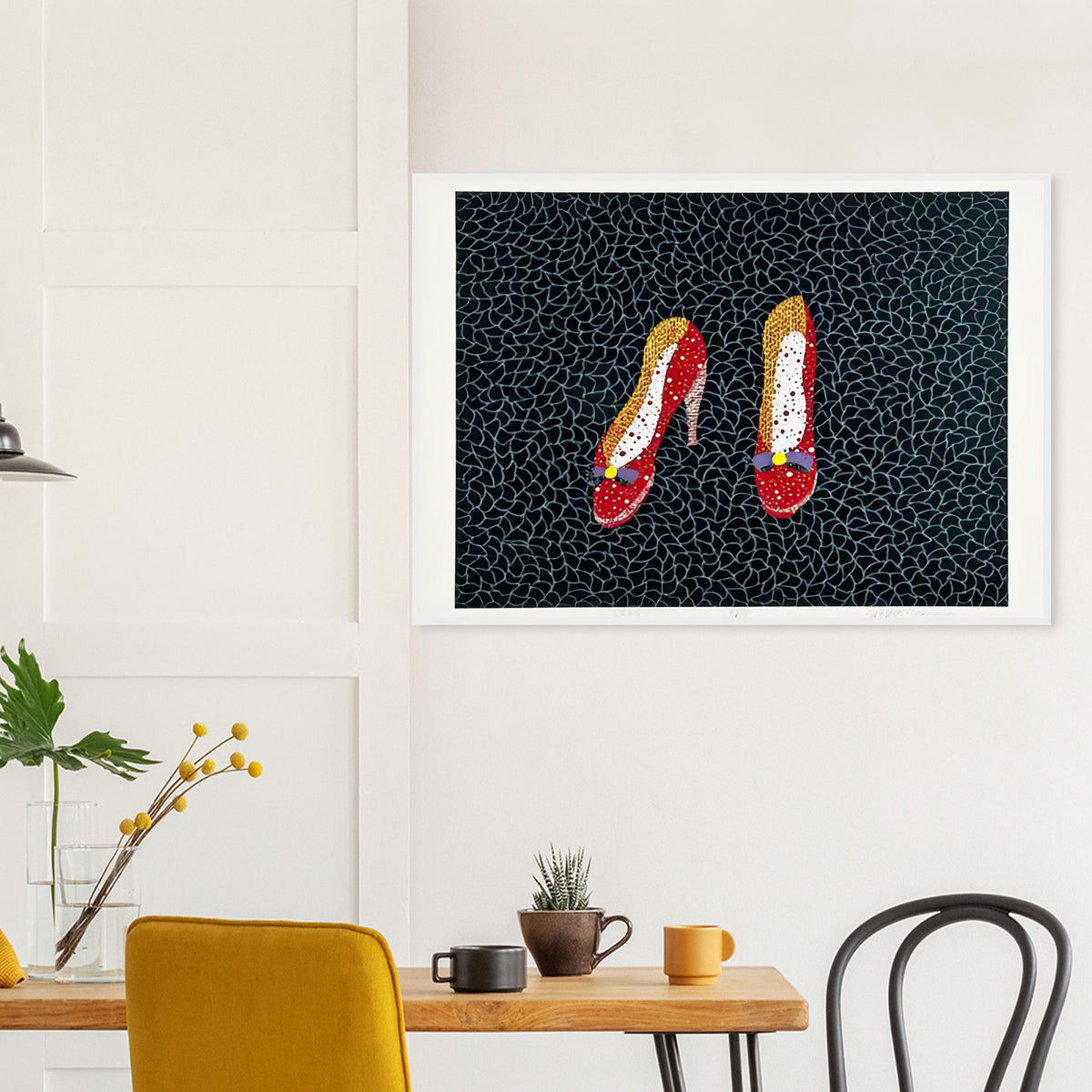 Yayoi Kusama framed print — Shoes (2) turns a footwear object into an image about shape, balance and individuality