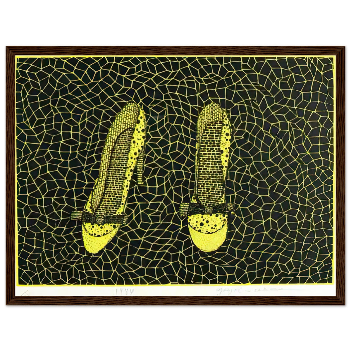 Yayoi Kusama framed print — Shoes (3) turns a footwear object into an image about shape, balance and individuality, dark wood frame, 30x40 cm / 12x16″