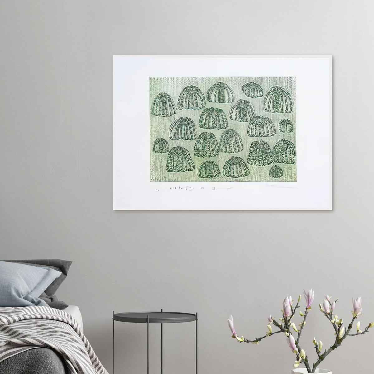 Yayoi Kusama framed print — Pumpkin Army (green) turns a single familiar vegetable into a collective presence