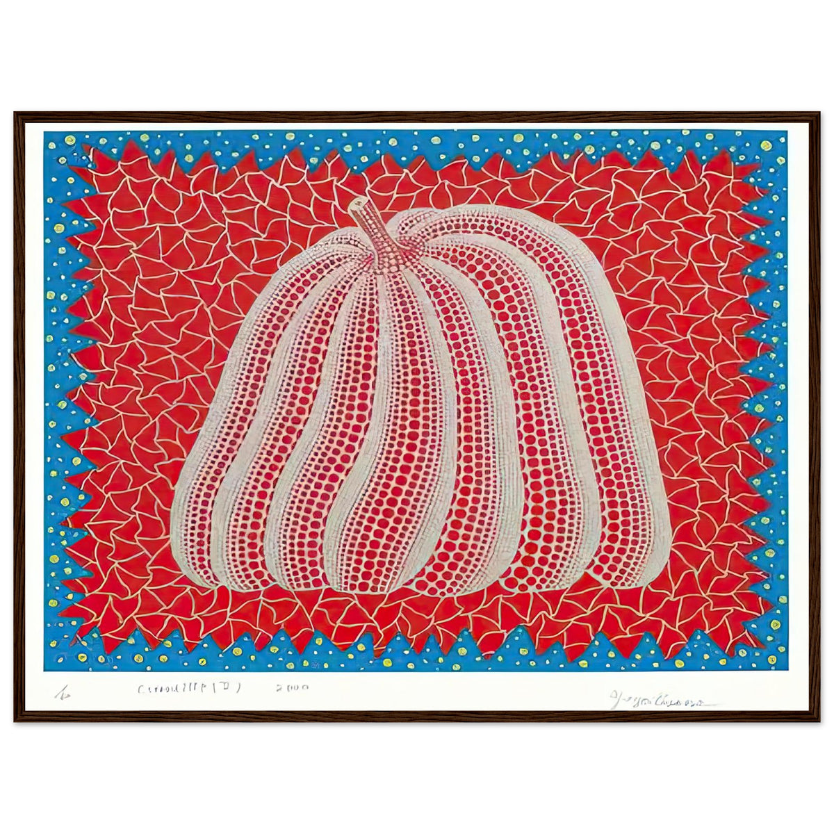 Yayoi Kusama framed print — Citrouille II from Amour pour Toujours gives Kusama’s beloved pumpkin a celebratory role within a portfolio devoted to love, dark wood frame, 60x80 cm / 24x32″